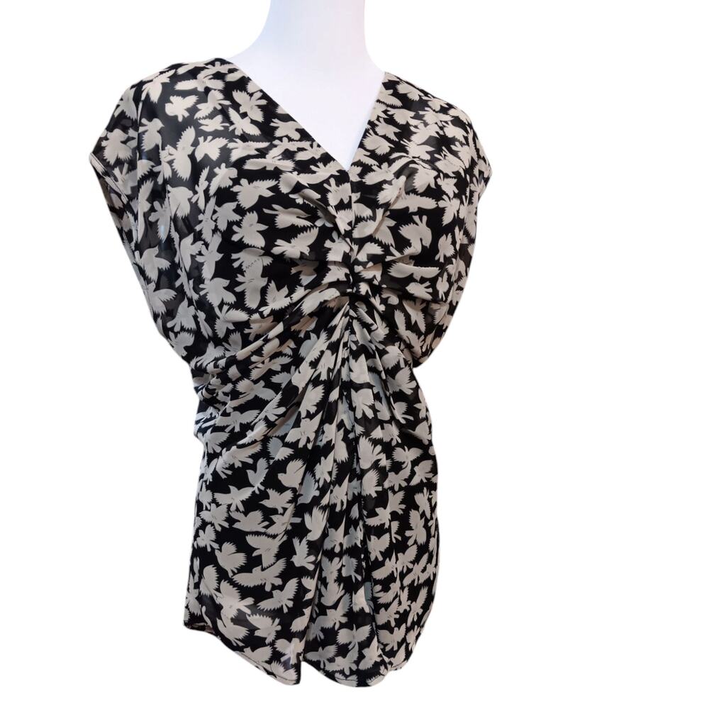 DANIEL RAINN Blouse Top Cinched Waist Blousy Shirred Birds Novelty Boho Coquette